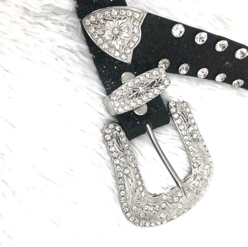 Black Leather & Rhinestone Belt - BLING - Picture 5 of 12